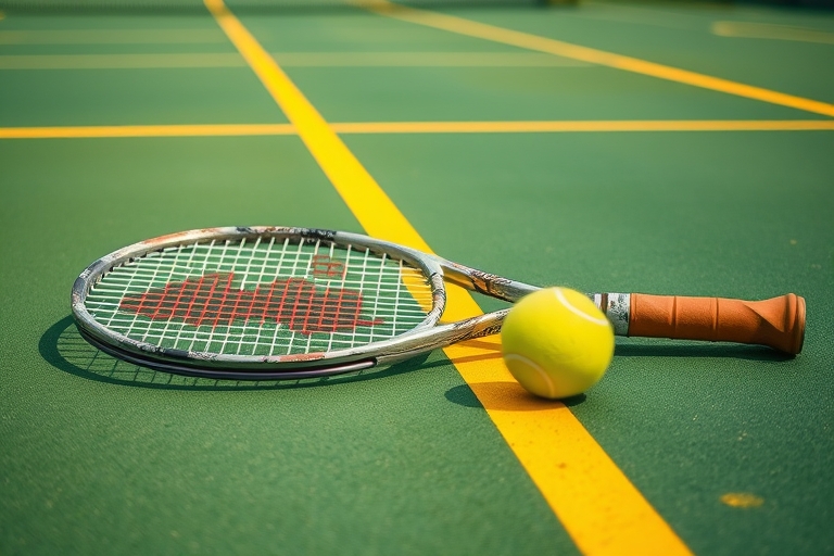 "A close-up shot of a worn tennis racket lying abandoned on a vibrant green tennis court, with a lone tennis ball rolling away from it, down a length of yellow lines, in a blurred, dynamic motion."