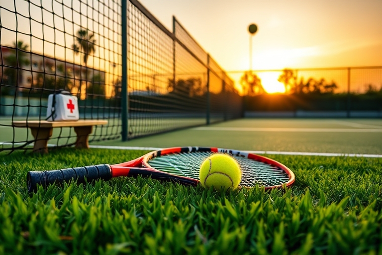 "Tennis court at sunset, vibrant green grass, yellow tennis ball lies on the net, a tennis racket leans against the fence, a first aid kit and a stopwatch on a nearby bench, a tennis ball flying throu