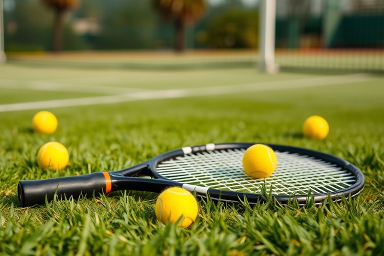 "Tennis racket lies broken on a deserted tennis court, surrounded by vibrant green grass and yellow tennis balls, with a blurred tennis net in the background, capturing the stillness after a tense mat
