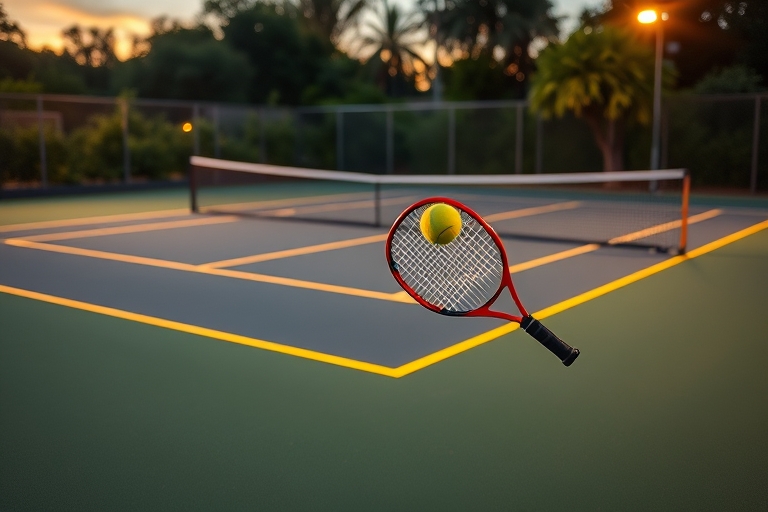 "A vibrant tennis court at dusk, with neon yellow lines and court equipment glowing under the fading sunlight, surrounded by lush greenery, a tennis ball flying through the air, a racket hovering mid-