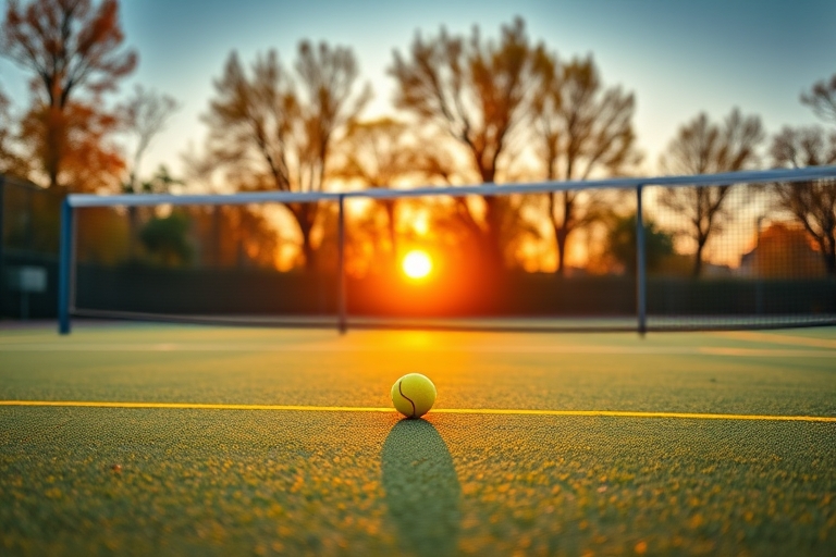 "A deserted tennis court at sunset, with a lone tennis ball bouncing on the net, surrounded by vibrant green grass and bright yellow lines, amidst a blurred background of autumnal trees in warm tones.