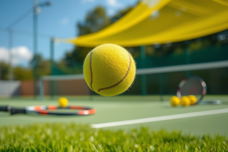 "Tennis ball suspended in mid-air on a sunny tennis court, with a burst of yellow and green netting in the background, blurred tennis rackets and balls scattered around the court, vibrant green grass 