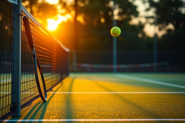 "A tennis court at sunset with the vibrant green grass and yellow net glowing in the fading light, a lone tennis racket leaning against the fence, a tennis ball hovering mid-air, surrounded by blurred