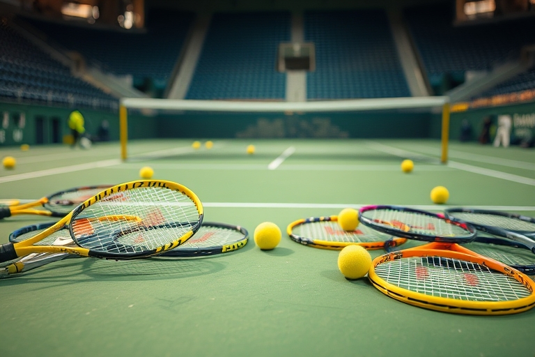 "Tennis rackets scattered on a vibrant green court, with yellow racket strings and balls strewn about, amidst a blurred background of sports equipment and stadium seats, capturing the dynamic energy o