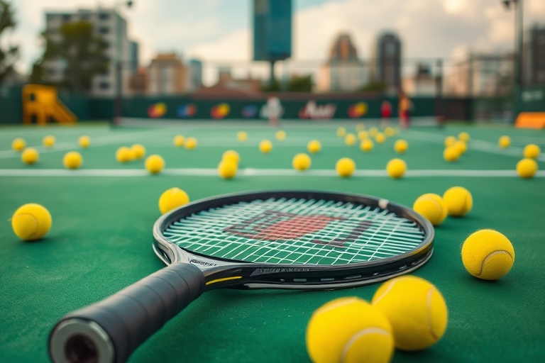 "A tennis racket lies abandoned on a vibrant green tennis court amidst a burst of bright yellow tennis balls scattered around it, with a blurred cityscape in the background, capturing the energetic an
