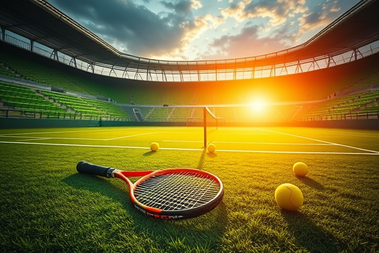 "Tennis stadium at sunset, vibrant green grass and yellow tennis balls scattered on the court, a lone tennis racket lying abandoned, dramatic shadows and a burst of bright sunlight illuminating the sc