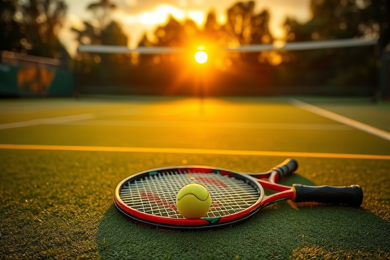 "Tennis court backdrop with vibrant green grass and yellow court lines, a tennis racket and ball lying abandoned, a blurred tennis net in the background, and a dramatic, golden sunset casting a warm g