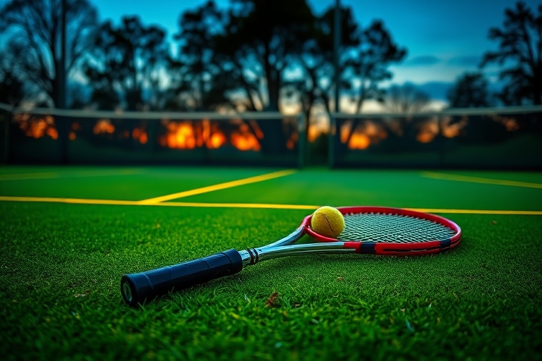"Tennis court at dusk, vibrant green grass and yellow lines, a lone tennis racket and ball lie abandoned, surrounded by a backdrop of blurred, ominous shadows cast by the setting sun."