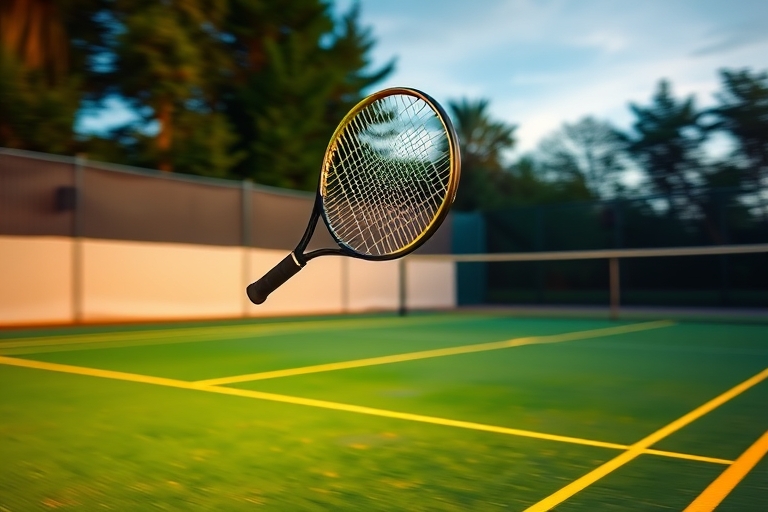 "A tennis court at dusk, vibrant green grass and yellow lines, a lone tennis racket hovering above the ground, with a two-handed backhand shot in mid-air, blurred motion, dynamic lighting with long sh