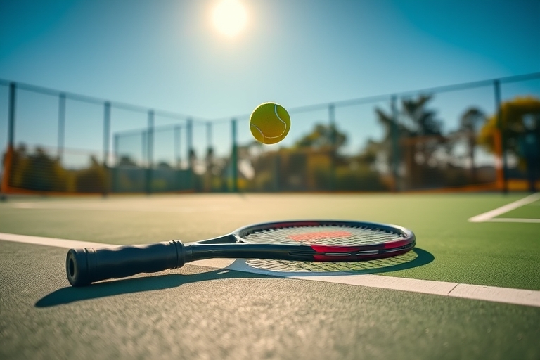 "Racket lying abandoned on a vibrant green tennis court, with a lone tennis ball hovering in mid-air, surrounded by a blur of yellow netting and a burst of sunlight, set against a clear blue sky with 