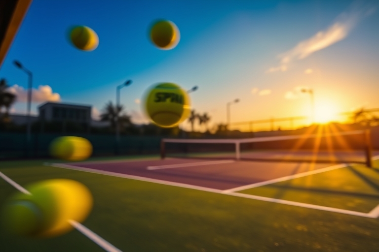 "Vibrant tennis court at sunset, net in focus, tennis balls bouncing in mid-air, blurred court players' shadows, bright green grass, yellow ball machines in the background, dynamic motion blur, warm g