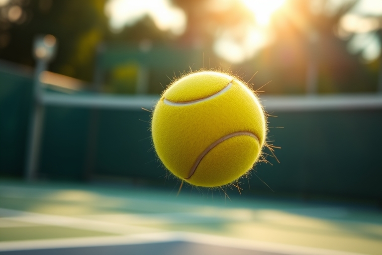 "A high-speed tennis ball in mid-air, spinning with heavy topspin, shot from a close-up perspective with blurred court background, vibrant green and yellow colors, dynamic lighting with a hint of sun 