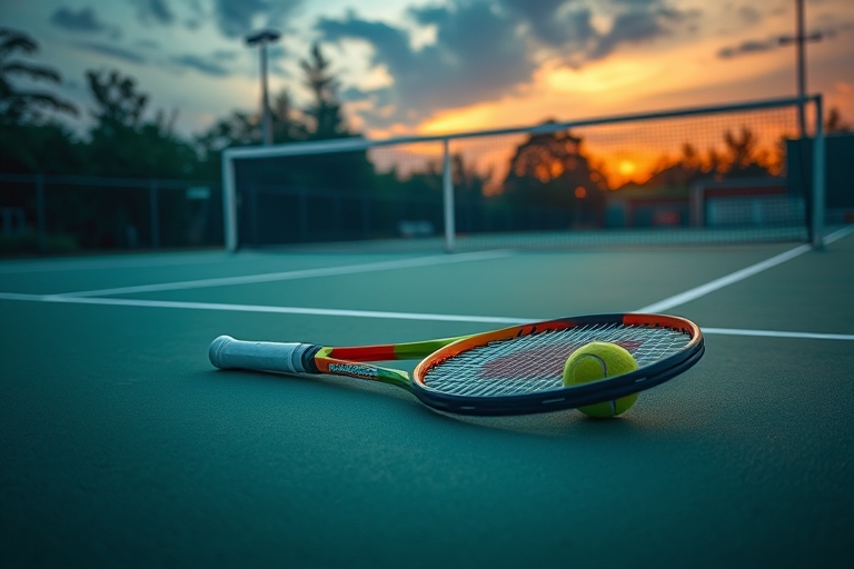 "A professional tennis court at dusk, vibrant yellow and green colors dominating the scene, tennis racket and ball lying abandoned on the court, net in the background, dramatic lighting with a hint of