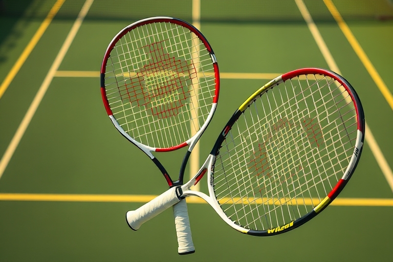 "Wilson Pro Staff and Babolat Pure Drive tennis rackets in mid-air, suspended over a vibrant green tennis court, surrounded by blurred yellow lines and nets, capturing the dynamic movement and power o