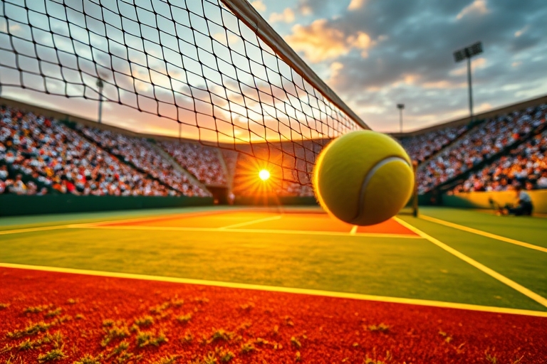 "A vibrant tennis court at sunset, with a packed stadium in the background and a tennis ball flying through the air, reflected in a dynamic, curved net, amidst lush green grass and bright yellow lines