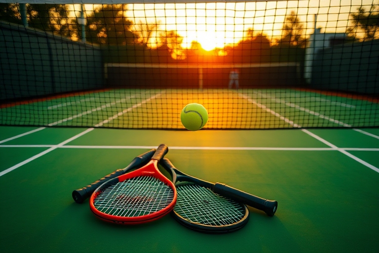 "Overhead shot of a tennis court at sunset, net in focus, two tennis rackets lying on the court, a tennis ball bouncing in mid-air, vibrant green and yellow hues, blurred background, shallow depth of 
