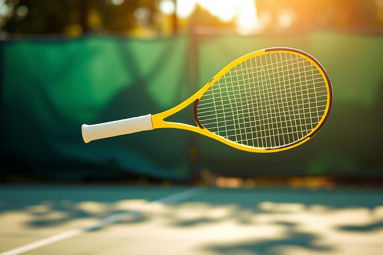 "A two-handed backhand swing in mid-air, tennis racket glowing bright yellow, against a blurred green tennis court background, with sunlight casting a warm glow on the scene."