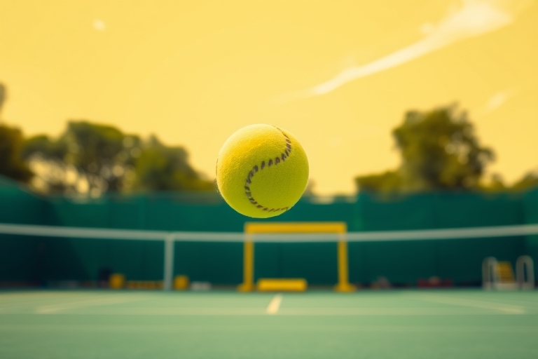 "A tennis ball flying through the air, frozen in a perfect arc above a vibrant green tennis court, with a blurred yellow ball machine in the background, set against a sunny yellow sky with a few wispy