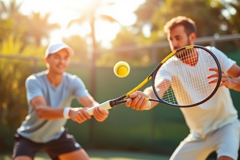 "Two tennis players in mid-match, one executing a powerful two-handed forehand smash, ball flying off racket, blurred background, vibrant green and yellow tennis court, dynamic lighting with sun shini