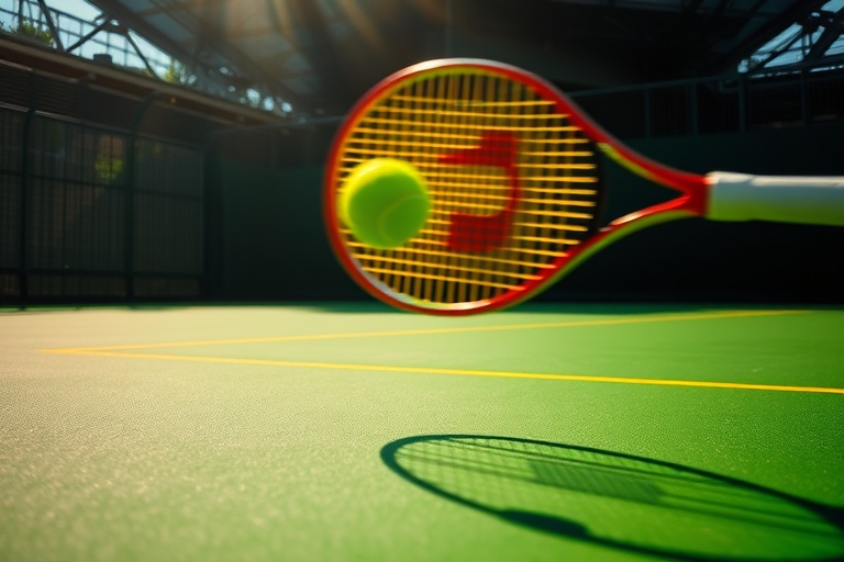 "A tennis ball flies over a vibrant green tennis court, hitting the yellow lines of the baseline as a blurred racket swoops in, surrounded by a blur of motion and intense sunlight casting long shadows