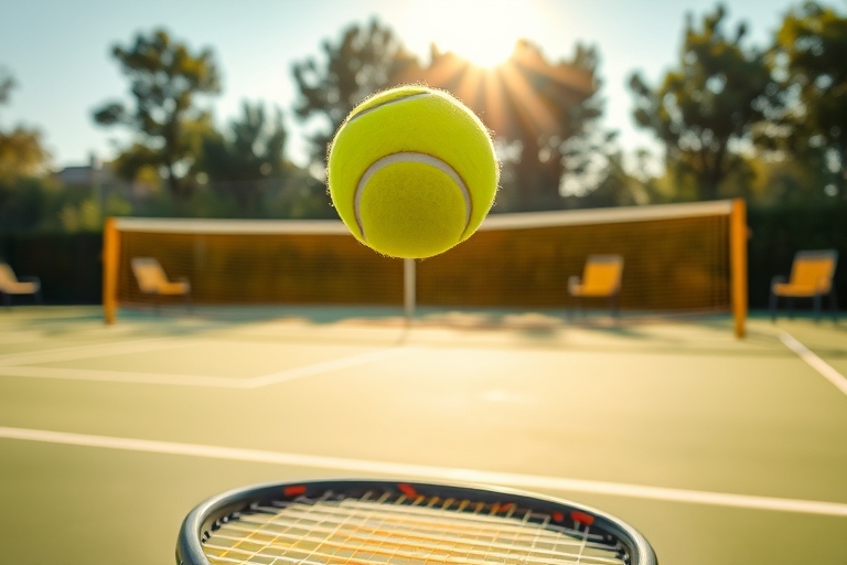 "A soaring tennis ball in mid-air, about to be smashed with a racket over a vibrant green tennis court, with bright yellow net and chairs in the background, sun shining through the net, capturing a fa