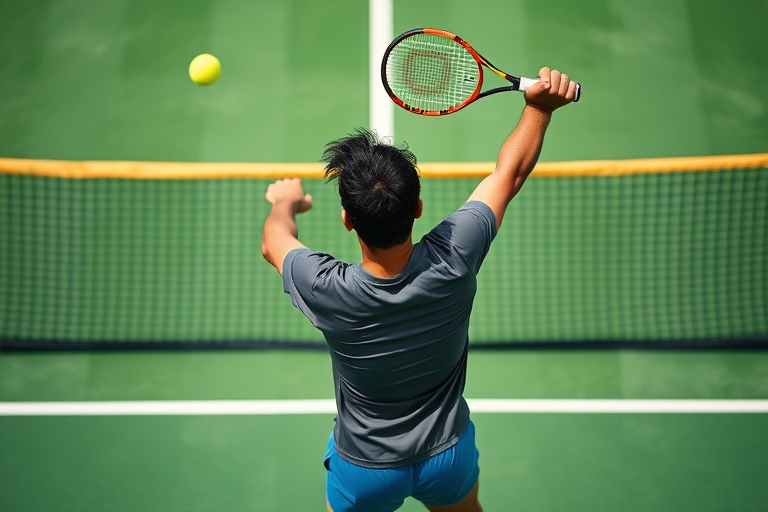"A tennis player in mid-air, racket raised high, with a blurred background of a vibrant green tennis court and yellow net, capturing the explosive moment of a powerful overhead smash."