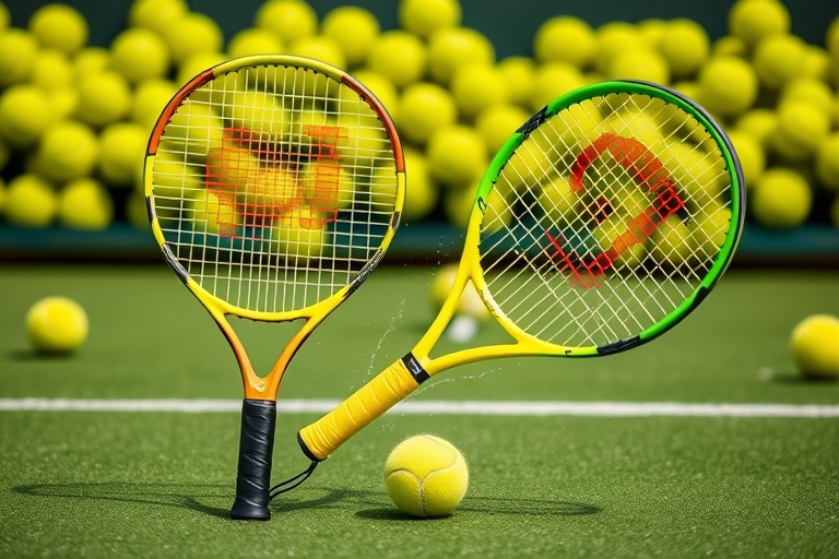 "A dynamic tennis match scene: A Wilson Clash racket in bright yellow clashes with a Babolat Pure Drive racket in vibrant green on a lush green tennis court with a blurred background of tennis balls i
