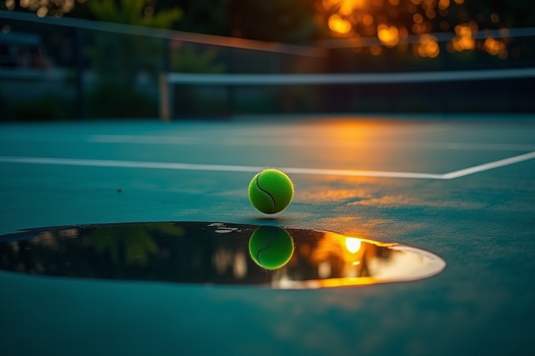 "A vibrant tennis court at dusk with a lone tennis ball bouncing on the green surface, reflected in a puddle of water as the yellow evening light casts a warm glow on the surrounding area with a blurr