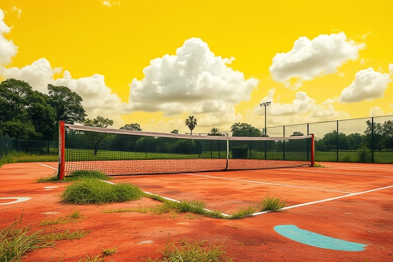 "A vibrant tennis court with worn, weathered surfaces, overgrown grass, and a worn-out net, set against a bright yellow sky with fluffy white clouds, capturing the atmosphere of an unfamiliar, yet thr