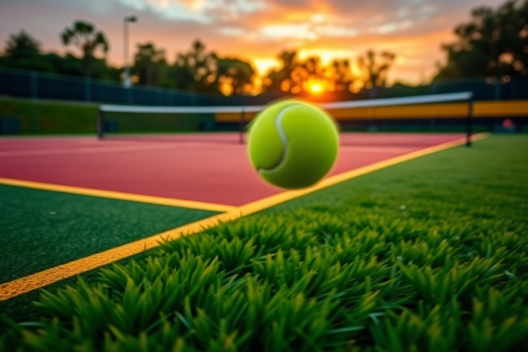 "A vibrant tennis court at sunset, with a blurred ball flying through the air, surrounded by lush green grass and bright yellow lines, capturing the dynamic movement and energy of a tennis match."