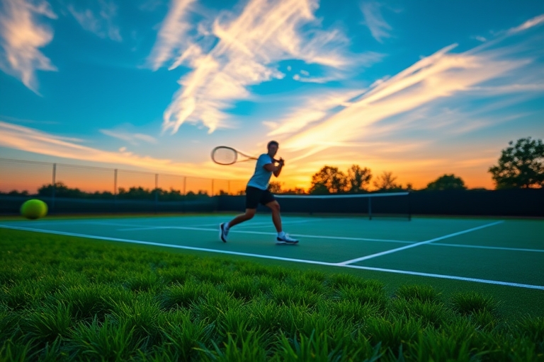"A tennis court at sunset, with a blurred figure of a player in mid-swing, racket and ball in motion, surrounded by vibrant green grass, yellow tennis balls, and a bright blue sky with streaks of oran