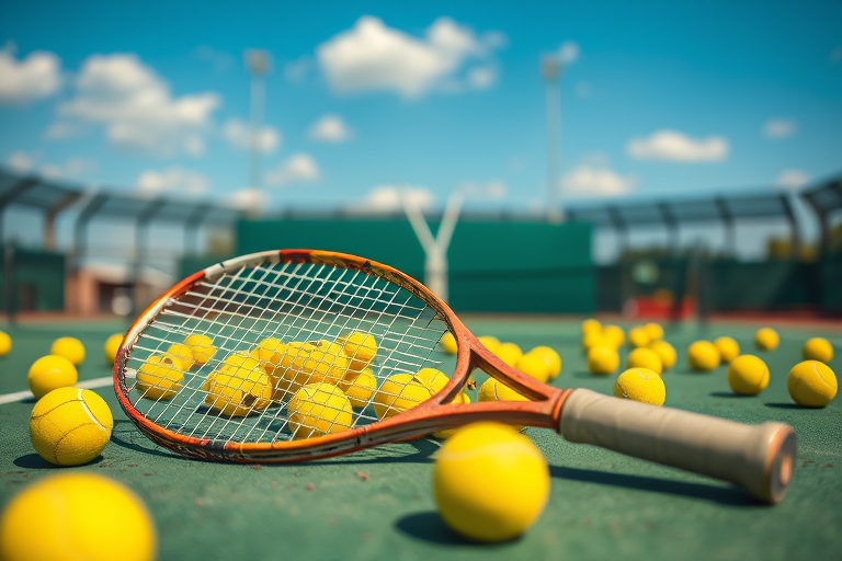 "A vintage tennis racket lies abandoned on the center court, surrounded by a blur of vibrant green and yellow tennis balls, netting, and energetic tennis equipment, set against a bright blue sky with 