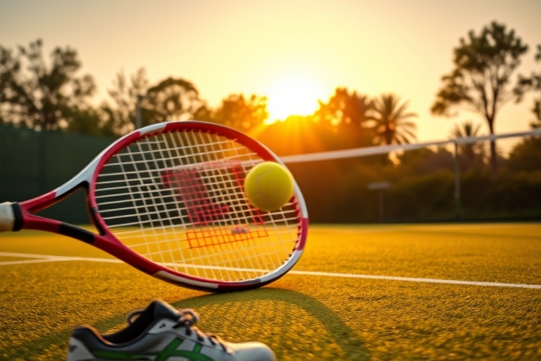 "Tennis court at sunset, vibrant green grass, yellow tennis ball bouncing, tennis racket and shoes in the foreground, dynamic motion blur, warm golden light casting long shadows."