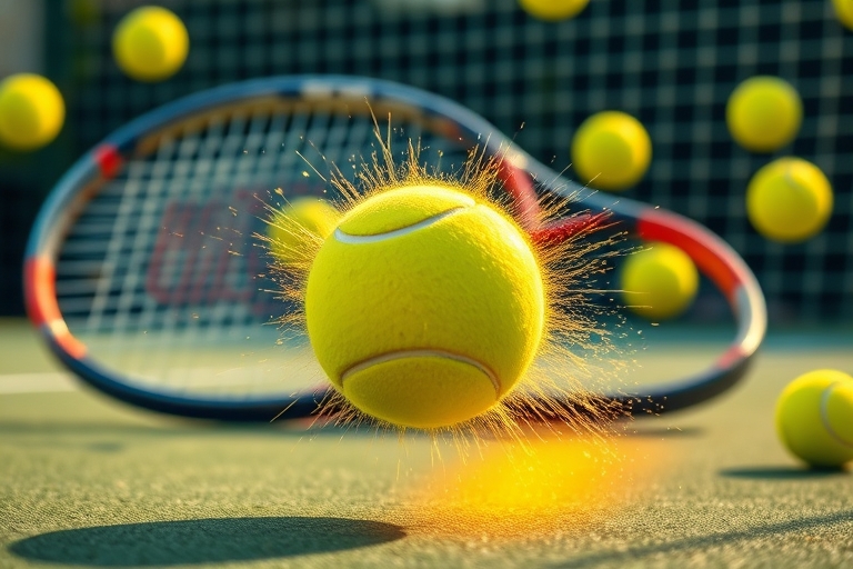 "Vibrant tennis ball bouncing on a green clay court, splashing bright yellow light onto a worn tennis racket and net in the background, with blurred tennis balls flying in motion around it, set agains