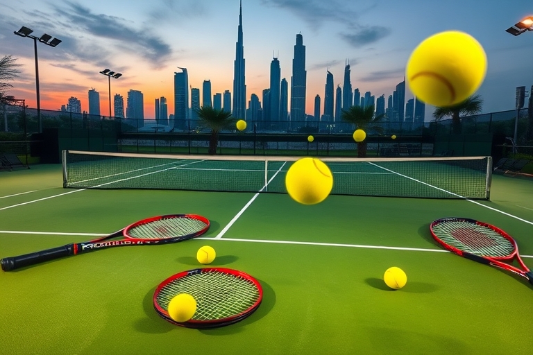 "A vibrant tennis court at dusk, with the Dubai skyline in the background, tennis rackets and balls scattered on the green surface, and a burst of bright yellow tennis balls suspended in mid-air, set 