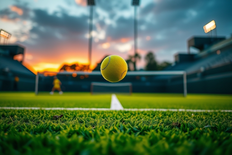 "Tennis court at sunset, vibrant green grass and yellow ball in mid-air, blurred player in motion, stadium lights reflecting off the court, dynamic composition with shallow depth of field."
