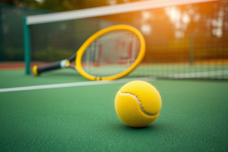 "Vibrant green tennis court with a yellow tennis ball bouncing in the foreground, a yellow tennis racket leaning against the net in the background, and a blurred tennis shoe in the corner, with a brig