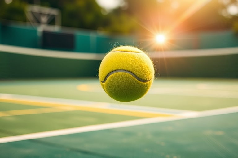 "A tennis ball soaring in mid-air, frozen at the peak of a powerful serve, amidst a blurred tennis court with vibrant green and yellow hues, dynamic lines and patterns, and a burst of light illuminati