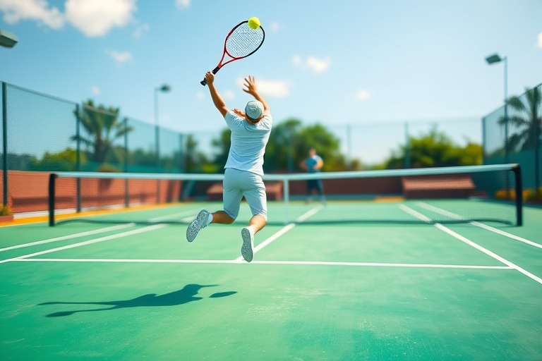 "A tennis player in mid-air, racket raised, about to strike a volley on a vibrant green tennis court with a yellow ball in mid-bounce, blurred background of a sunny day with tennis nets and players in