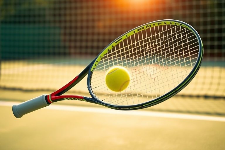"A tennis racket slices through the air, spinning towards a bright yellow ball, on a vibrant green court with a blurred tennis net in the background, sun shining through the net, creating a warm glow.