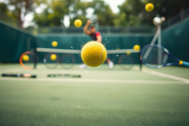 "A tennis court in the midst of a chaotic point, with a tennis ball flying through the air, surrounded by blurred tennis rackets and a blurred tennis player in the background, vibrant green and yellow