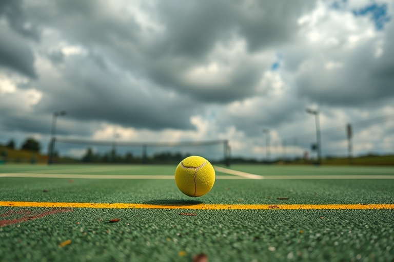 "A tense tennis match moment: a lone tennis ball bounces on a worn tennis court, surrounded by vibrant green grass and yellow lines, with a blurred motion trail and a dramatic cloud-filled sky, emphas