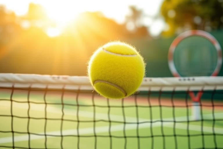 "A tennis ball in mid-air, spinning and arcing over the net, against a vibrant green tennis court with a burst of yellow sunlight and a blurred background of tennis rackets and strings."