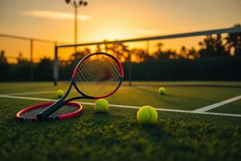 "Vibrant tennis court at sunset, tennis balls scattered on the grass, racket leaning against the net, shadows stretching across the court, green and yellow hues of the setting sun, blurred motion blur