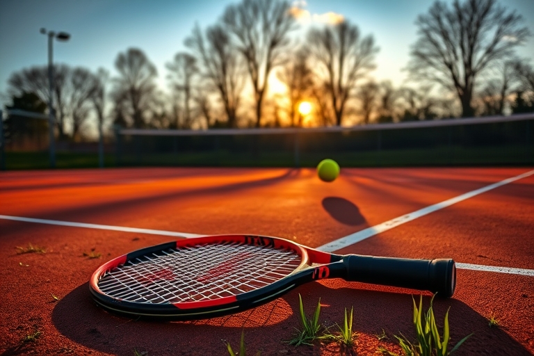 "A tennis court at dusk with sunlight casting long shadows, a tennis racket lying abandoned on the clay surface, a ball bouncing alone in the background, vibrant green grass and yellow ball stand out 