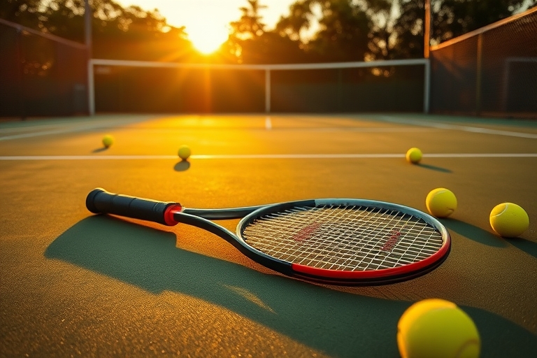 "A tennis court under the golden glow of sunset, a lone tennis racket lying abandoned on the green surface, surrounded by vibrant yellow tennis balls scattered about, with a distant net and court back