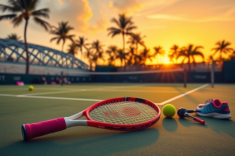"A vibrant Miami Open tennis court at sunset, with a tennis racket lying on the green court, surrounded by tennis shoes, balls, and colorful tennis equipment, set against a bright yellow sky with palm