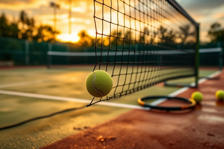 "A tennis court at dusk, with vibrant green and yellow hues, a lone tennis ball stuck in the net, rain-soaked clay surface reflecting the setting sun, blurred tennis rackets and balls scattered nearby