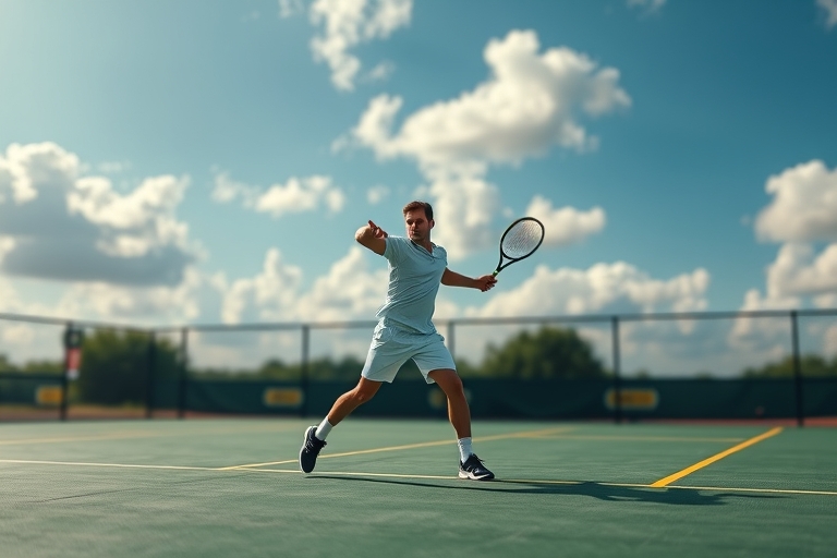 "A tennis player in mid-swing, one-handed backhand shot, on a vibrant green tennis court with yellow lines and a blurred background of a sunny sky with scattered clouds."