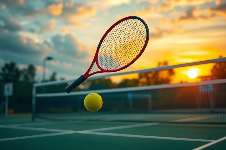 "Action-packed tennis court scene at dusk: a tennis racket flies through the air, hitting a ball that soars over a vibrant green net, against a bright yellow and blue sky with dramatic lighting and dy